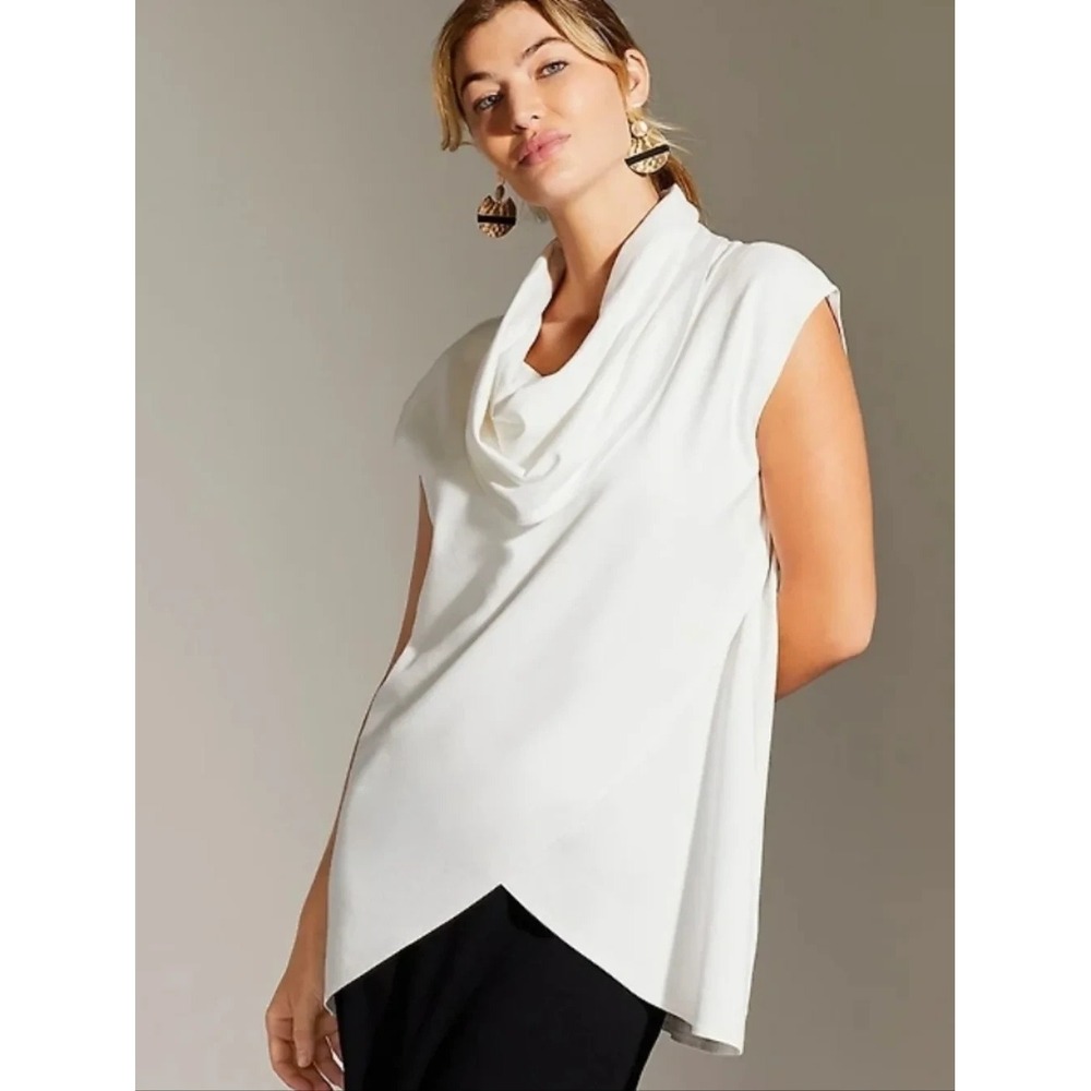 Bryn Walker Lavinia Cowl Neck Crossover Ponte Knit Hi-Lo Tunic XS Ivory Stretch